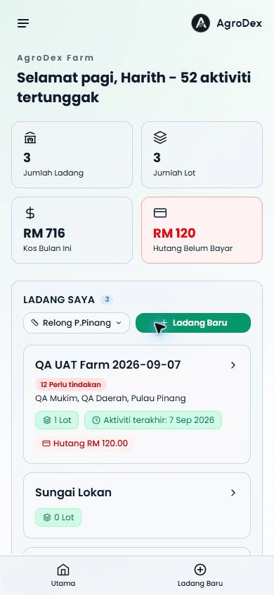Dashboard telefon AgroDex Farm