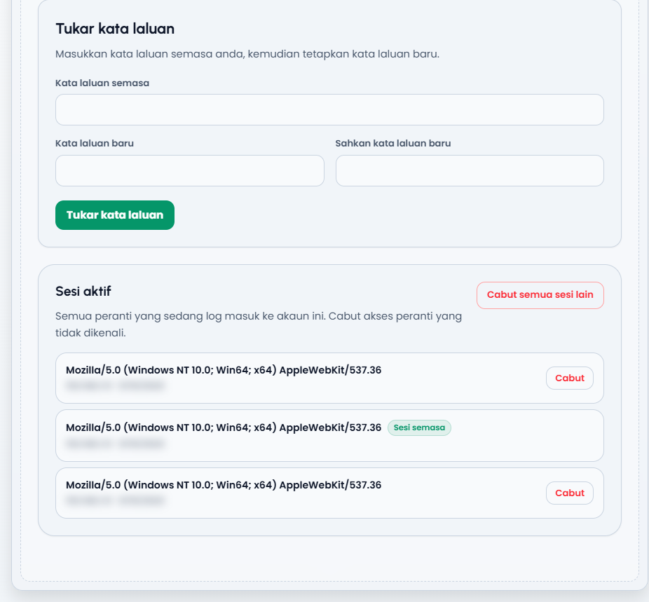 Password and active sessions sections