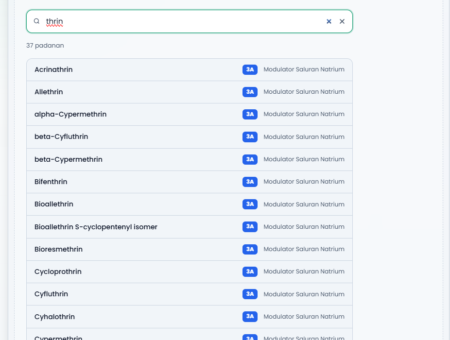 Active ingredient search in the MOA index